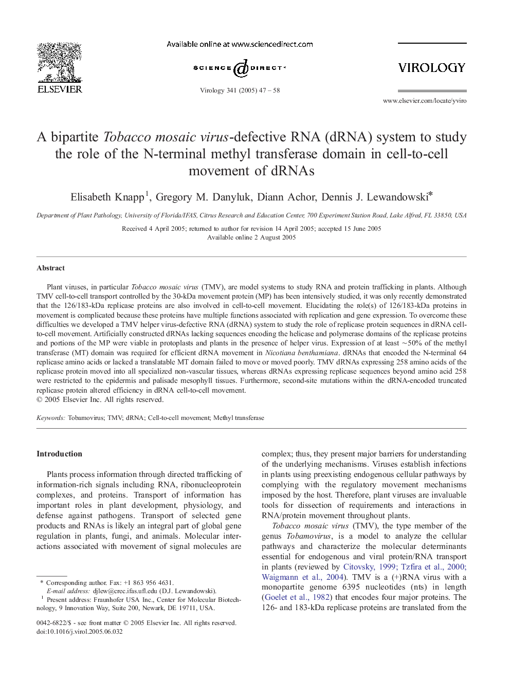 عکس صفحه اول مقاله: A bipartite Tobacco mosaic virus-defective RNA (dRNA) system to study the role of the N-terminal methyl transferase domain in cell-to-cell movement of dRNAs A bipartite Tobacco mosaic virus-defective RNA (dRNA) system to study the role of the N-terminal methyl transferase domain in cell-to-cell movement of dRNAs