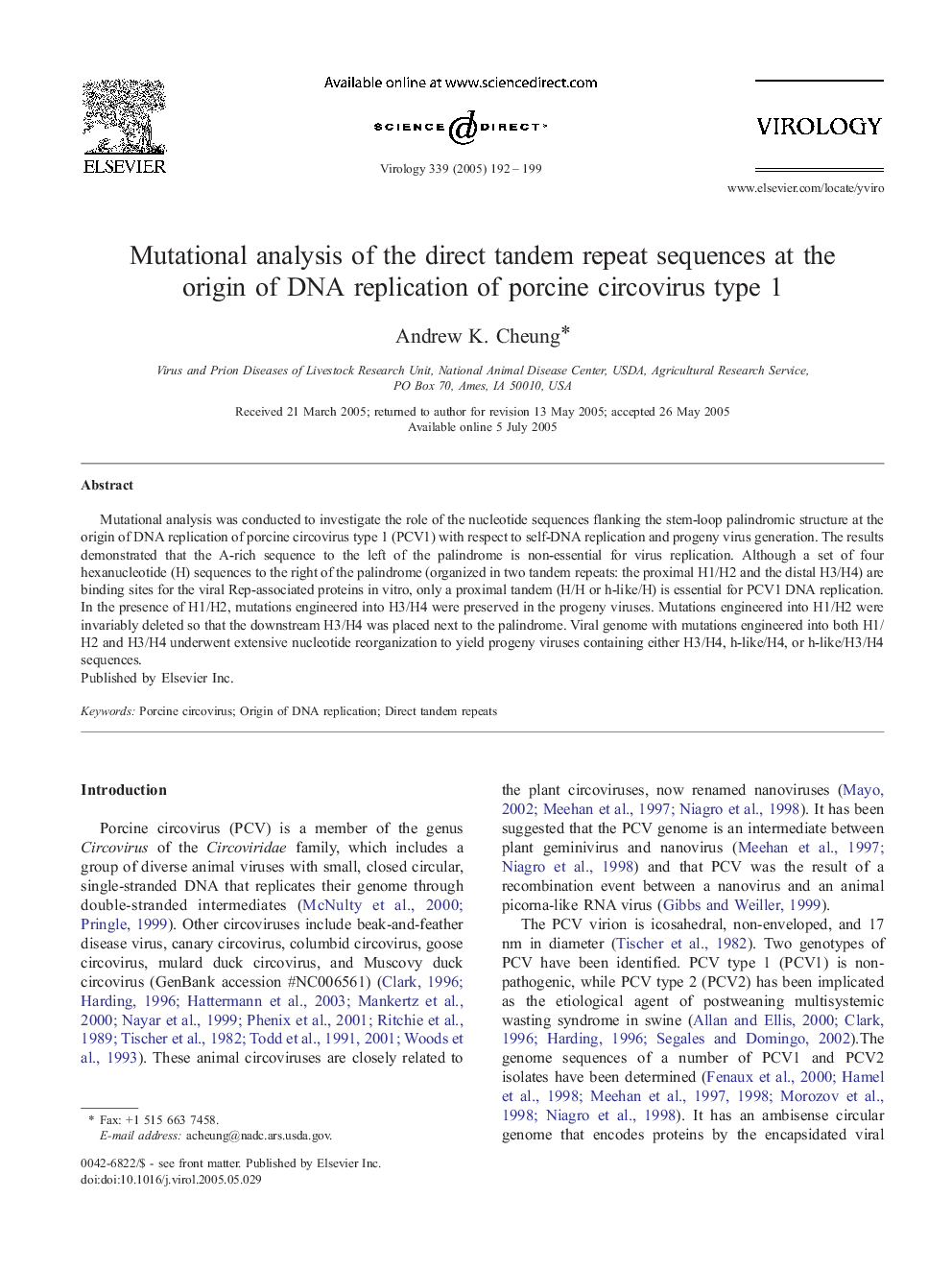 Mutational analysis of the direct tandem repeat sequences at the origin of DNA replication of porcine circovirus type 1