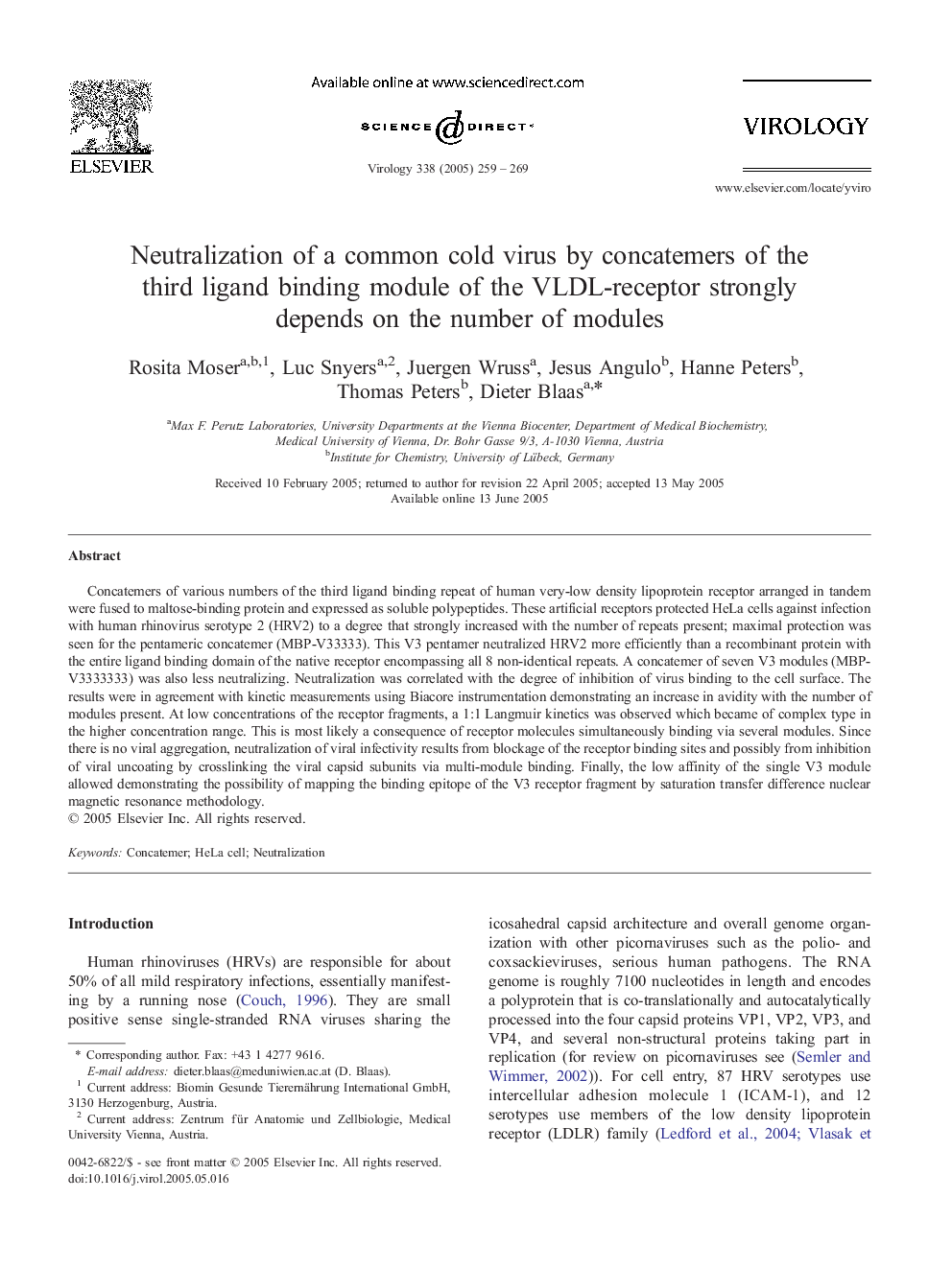 Neutralization of a common cold virus by concatemers of the third ligand binding module of the VLDL-receptor strongly depends on the number of modules