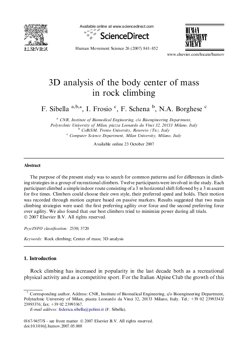 3D analysis of the body center of mass in rock climbing