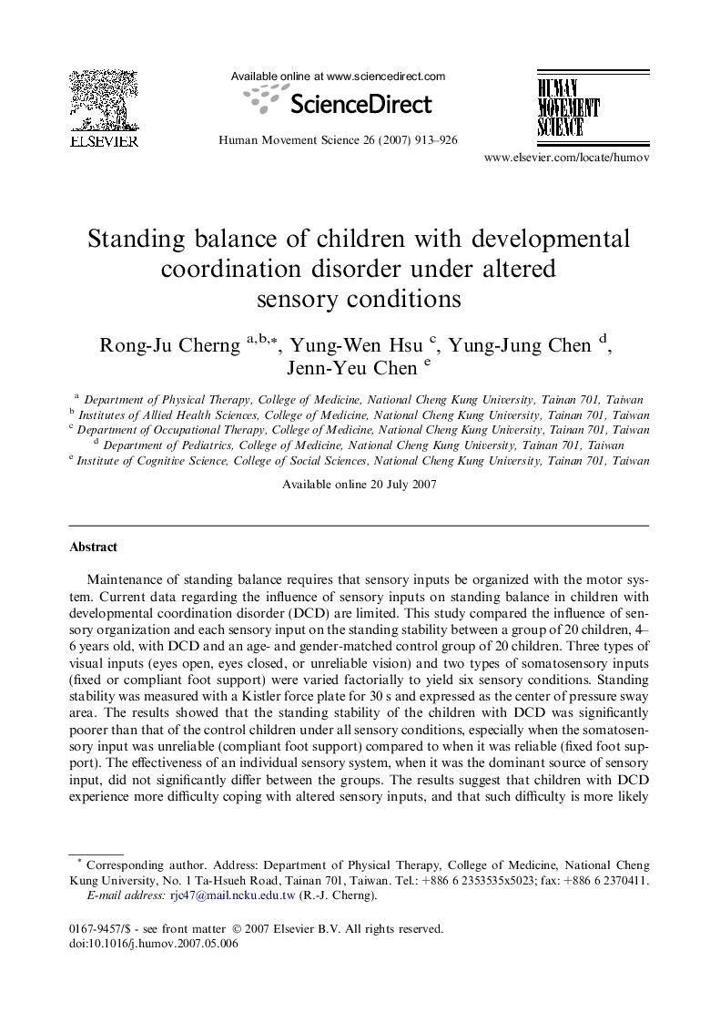 Standing balance of children with developmental coordination disorder under altered sensory conditions