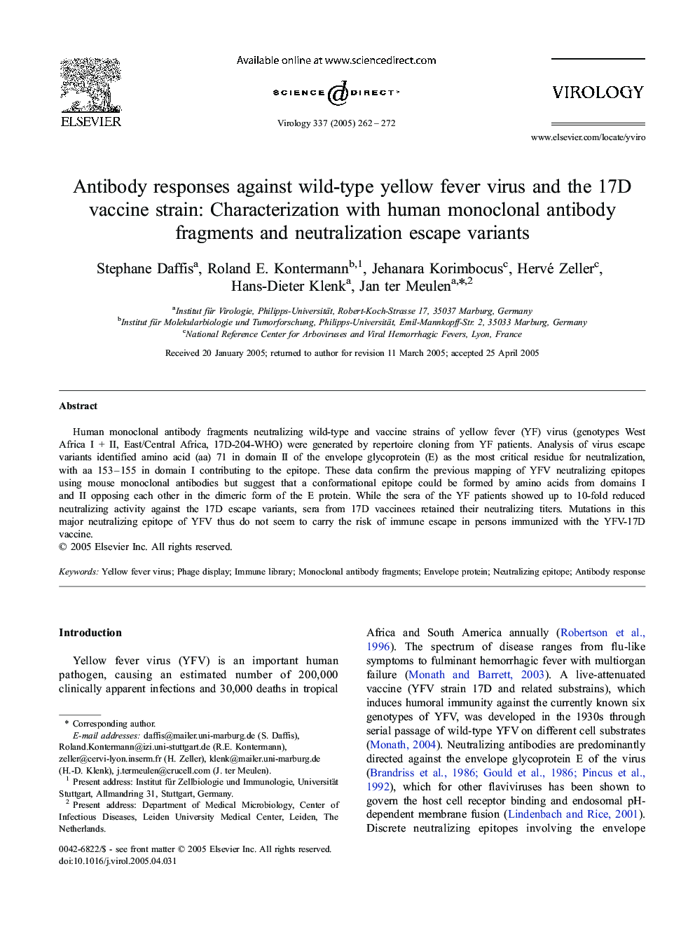 Antibody responses against wild-type yellow fever virus and the 17D vaccine strain: characterization with human monoclonal antibody fragments and neutralization escape variants