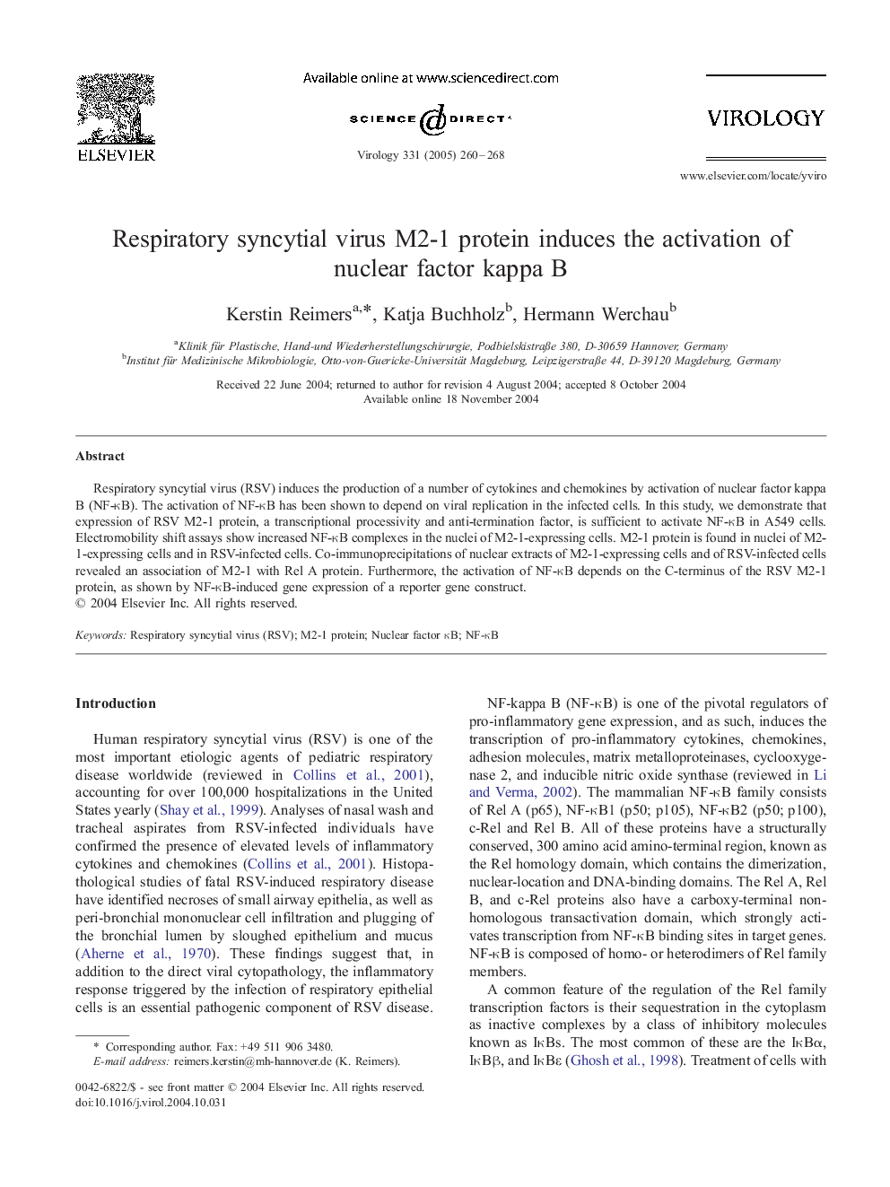 Respiratory syncytial virus M2-1 protein induces the activation of nuclear factor kappa B