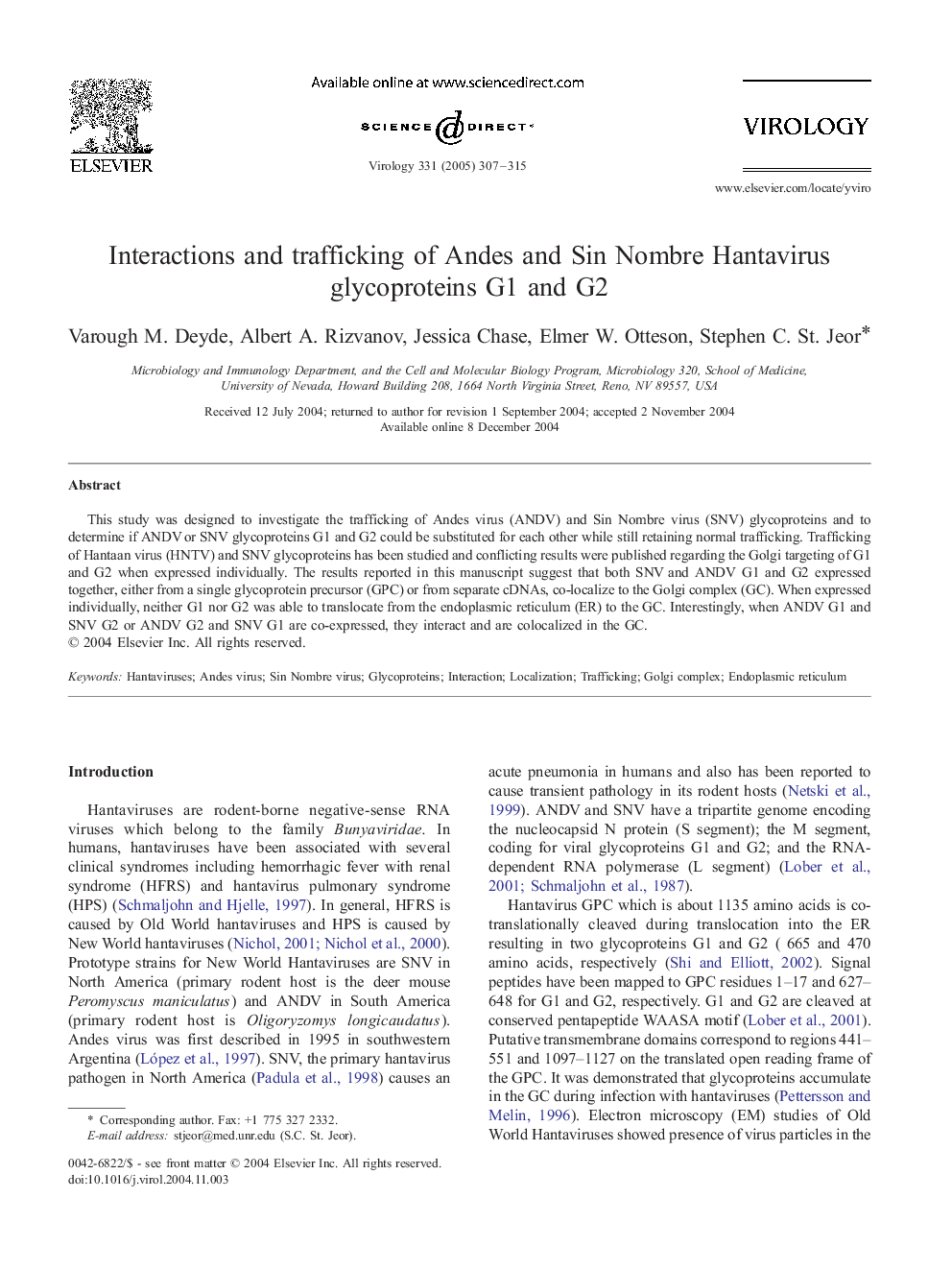 Interactions and trafficking of Andes and Sin Nombre Hantavirus glycoproteins G1 and G2