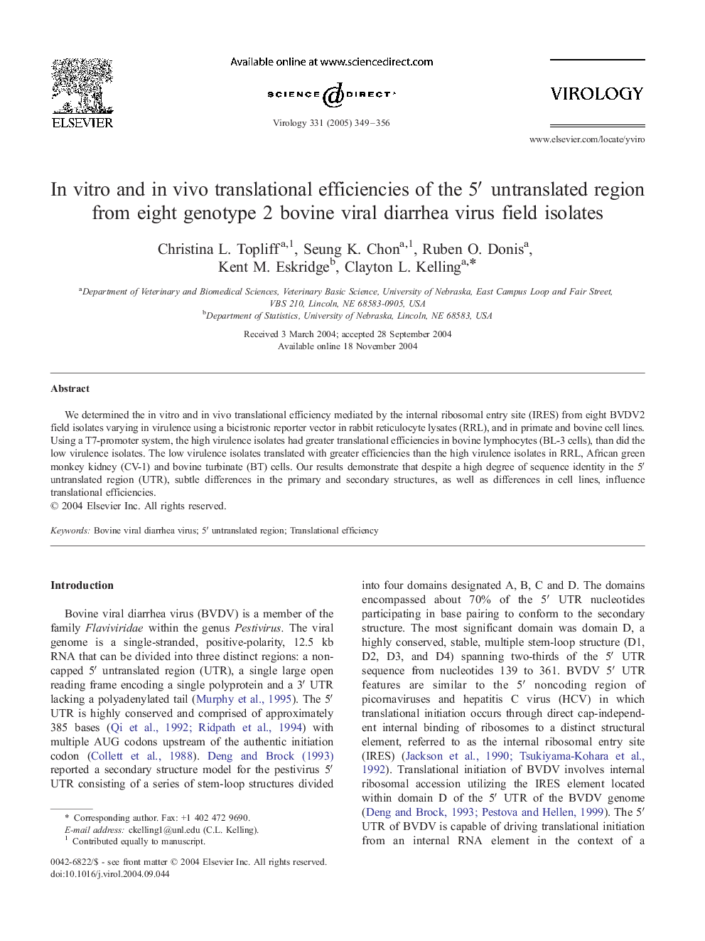 In vitro and in vivo translational efficiencies of the 5â² untranslated region from eight genotype 2 bovine viral diarrhea virus field isolates