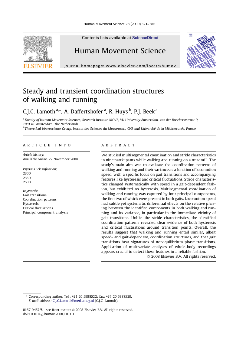 Steady and transient coordination structures of walking and running