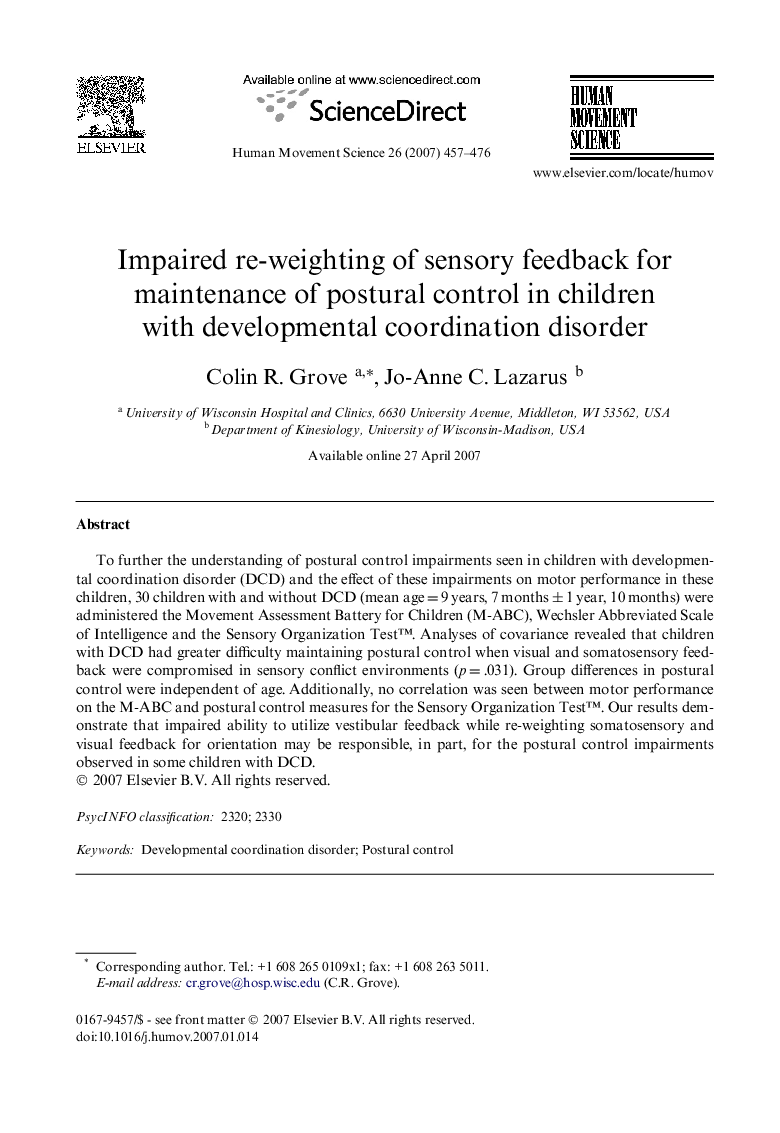 Impaired re-weighting of sensory feedback for maintenance of postural control in children with developmental coordination disorder