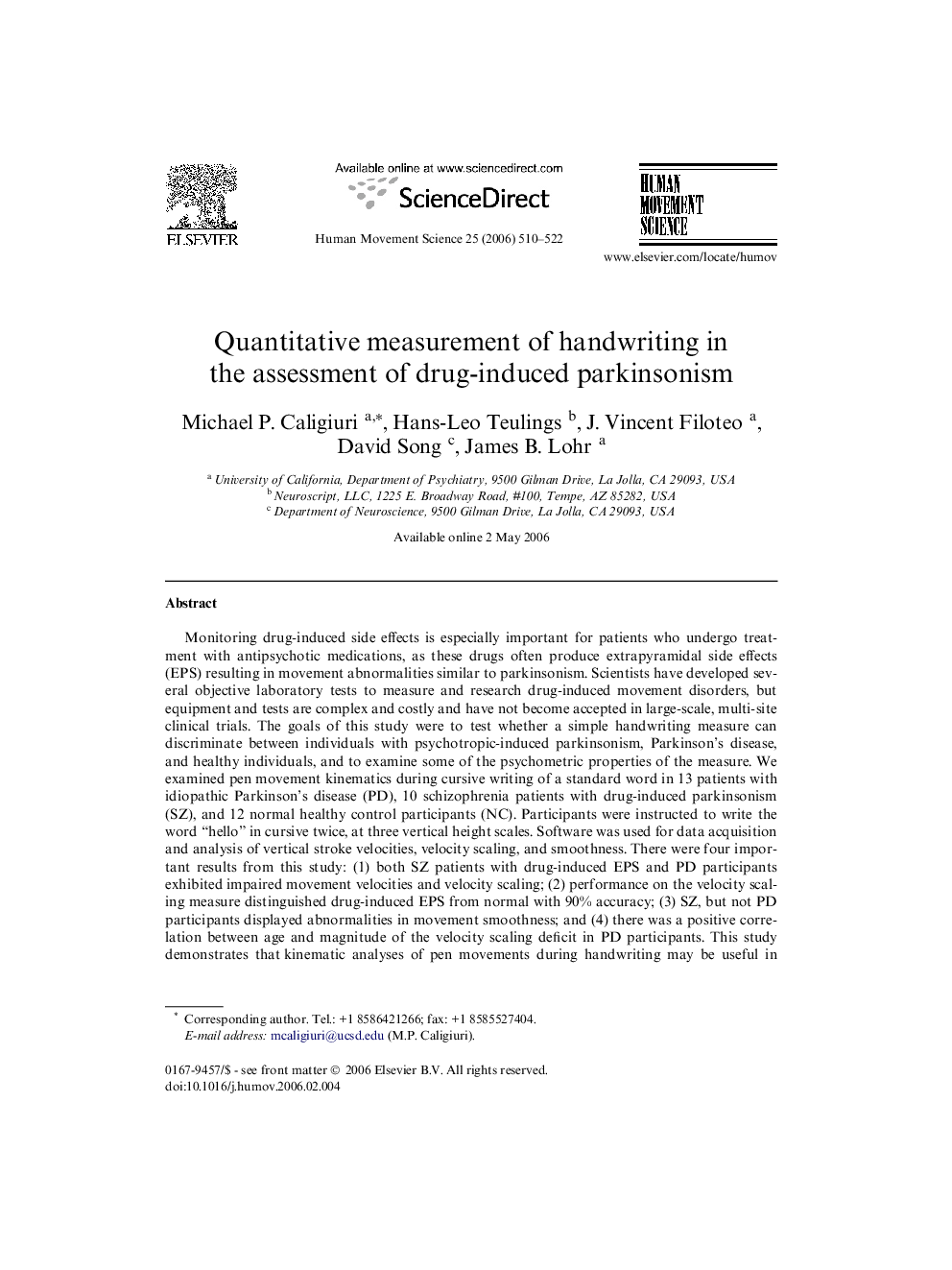 Quantitative measurement of handwriting in the assessment of drug-induced parkinsonism