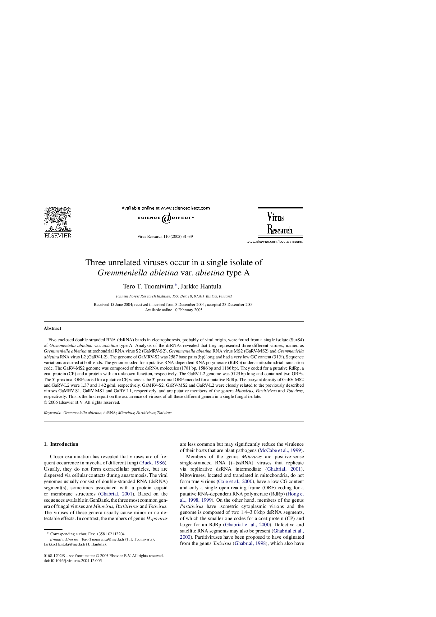 Three unrelated viruses occur in a single isolate of Gremmeniella abietina var. abietina type A