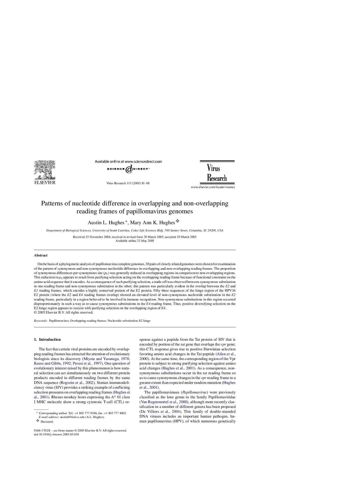 Patterns of nucleotide difference in overlapping and non-overlapping reading frames of papillomavirus genomes