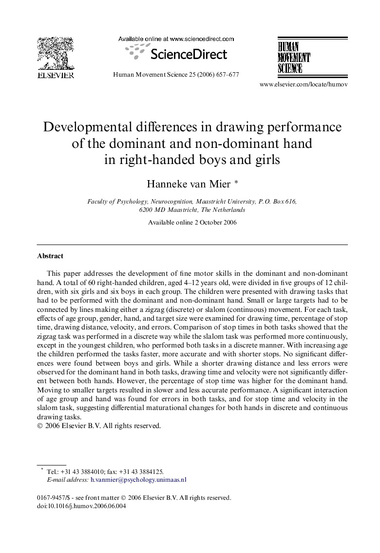 Developmental differences in drawing performance of the dominant and non-dominant hand in right-handed boys and girls