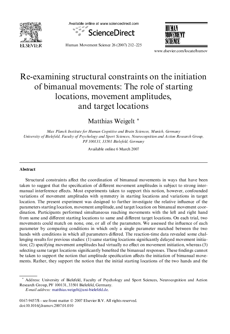 Re-examining structural constraints on the initiation of bimanual movements: The role of starting locations, movement amplitudes, and target locations