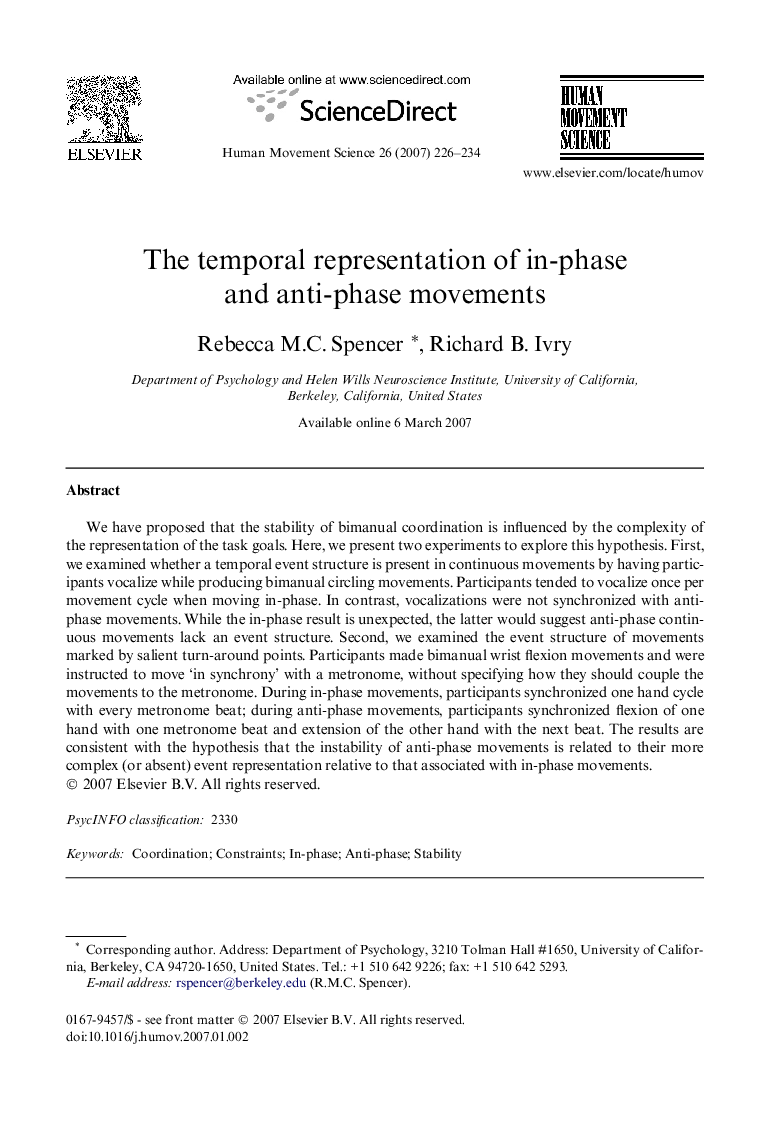 The temporal representation of in-phase and anti-phase movements