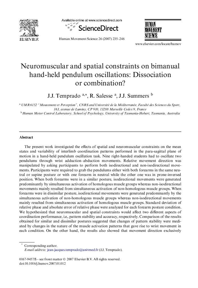 Neuromuscular and spatial constraints on bimanual hand-held pendulum oscillations: Dissociation or combination?