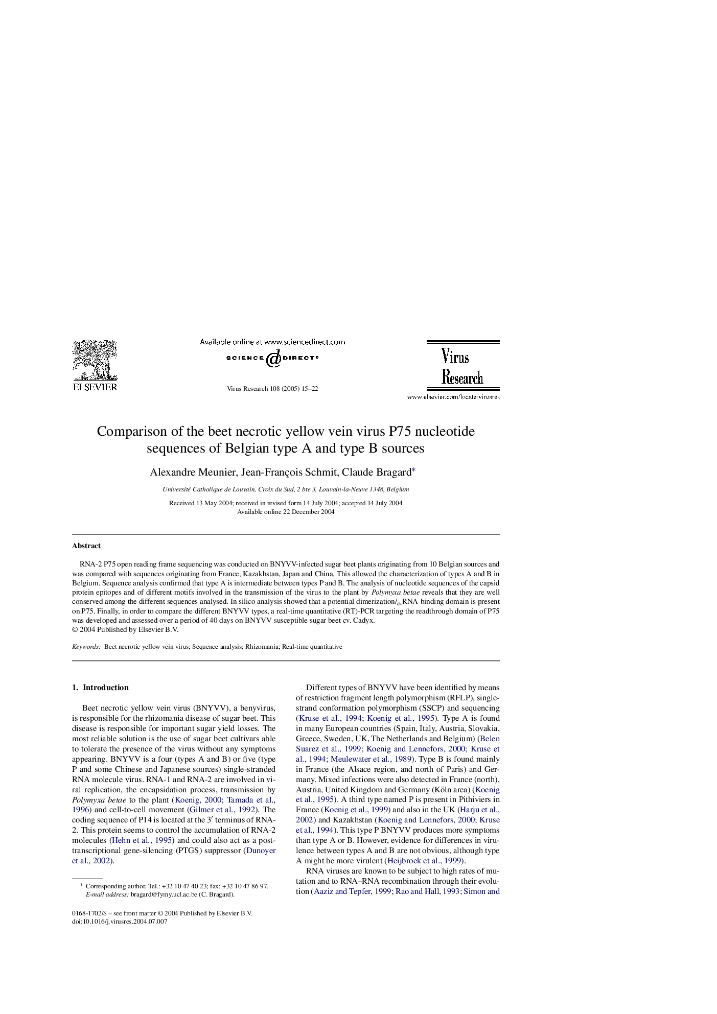 Comparison of the beet necrotic yellow vein virus P75 nucleotide sequences of Belgian type A and type B sources