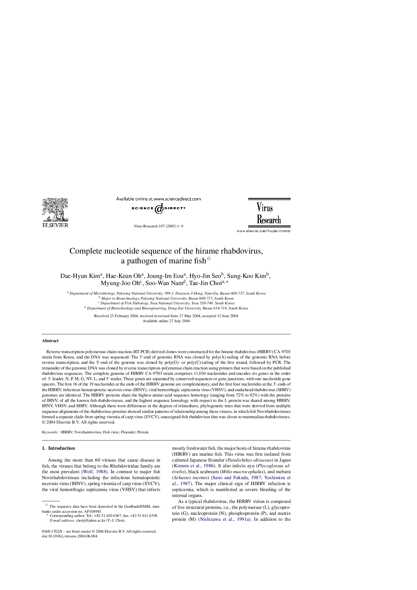 Complete nucleotide sequence of the hirame rhabdovirus, a pathogen of marine fish