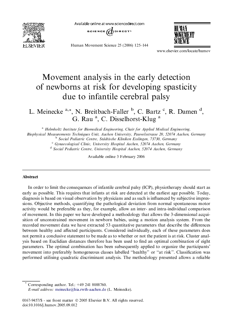 Movement analysis in the early detection of newborns at risk for developing spasticity due to infantile cerebral palsy