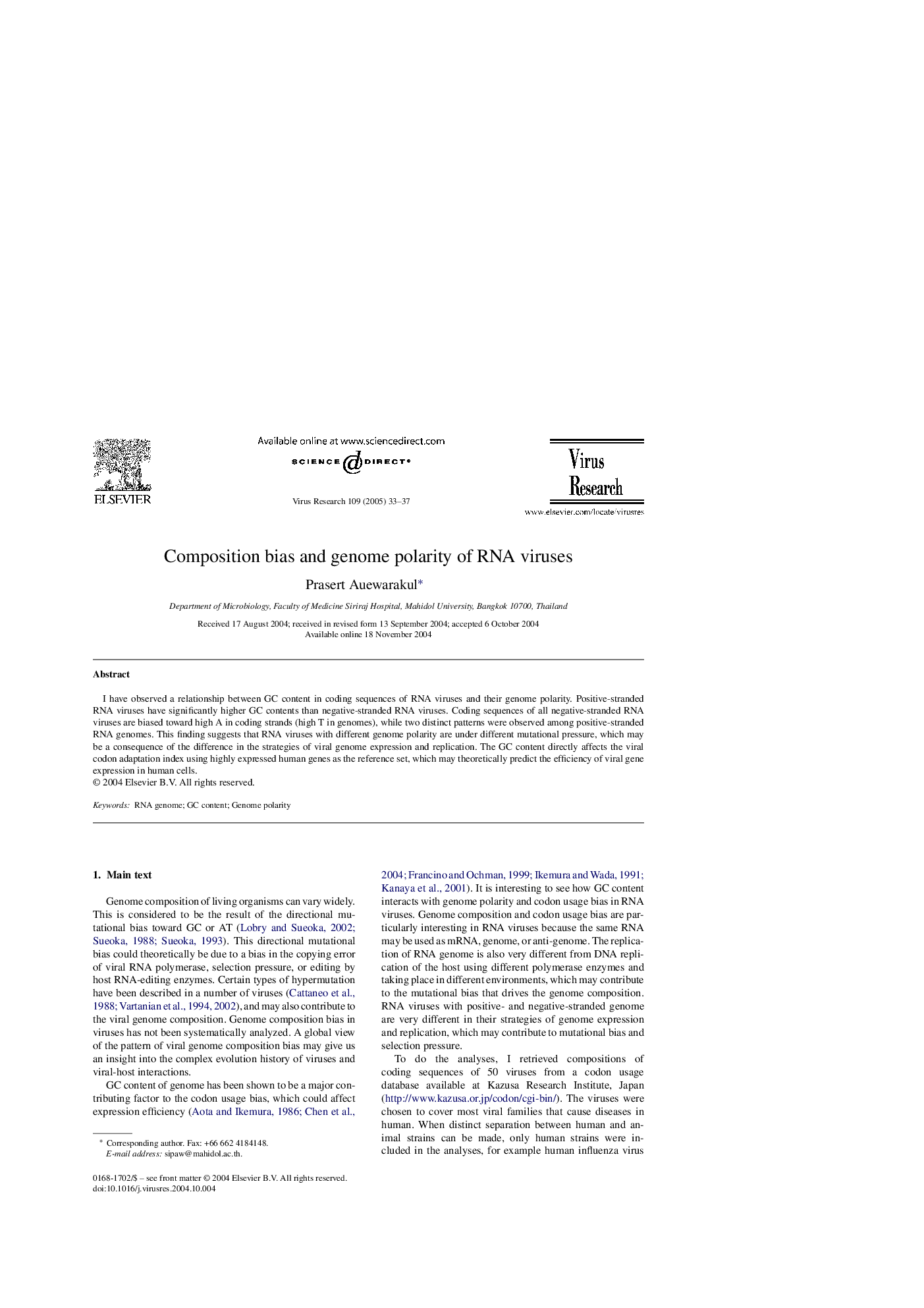 Composition bias and genome polarity of RNA viruses