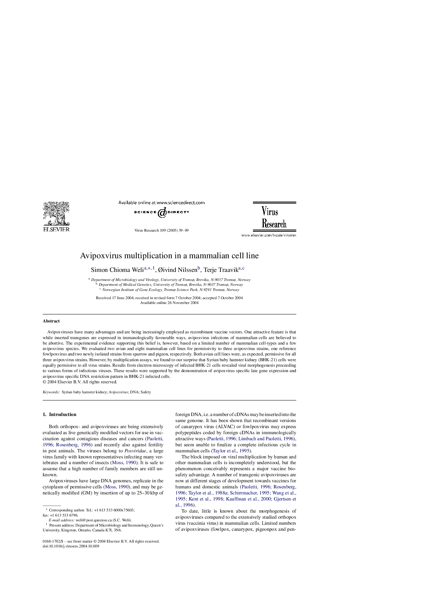 Avipoxvirus multiplication in a mammalian cell line