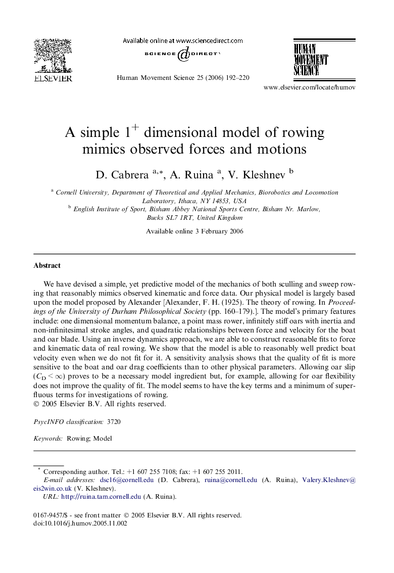 A simple 1+ dimensional model of rowing mimics observed forces and motions