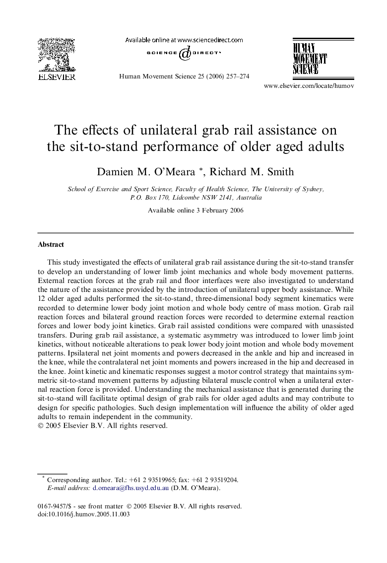 The effects of unilateral grab rail assistance on the sit-to-stand performance of older aged adults