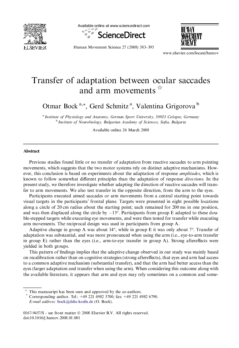 Transfer of adaptation between ocular saccades and arm movements 