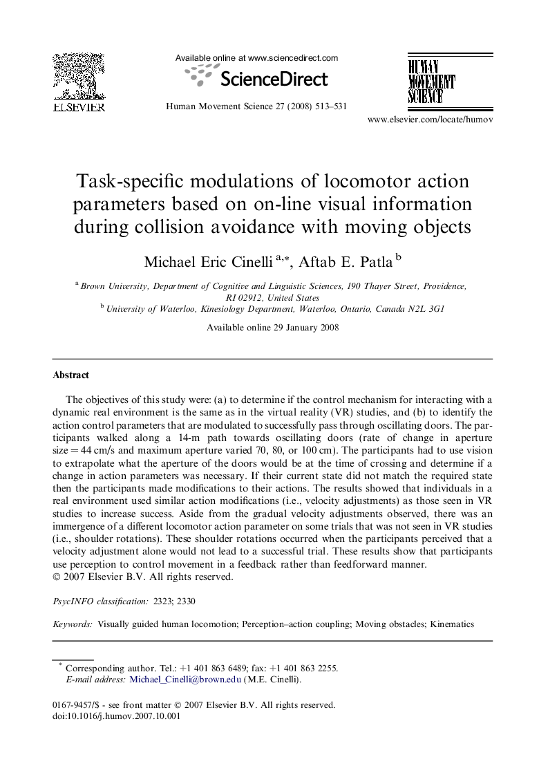 Task-specific modulations of locomotor action parameters based on on-line visual information during collision avoidance with moving objects