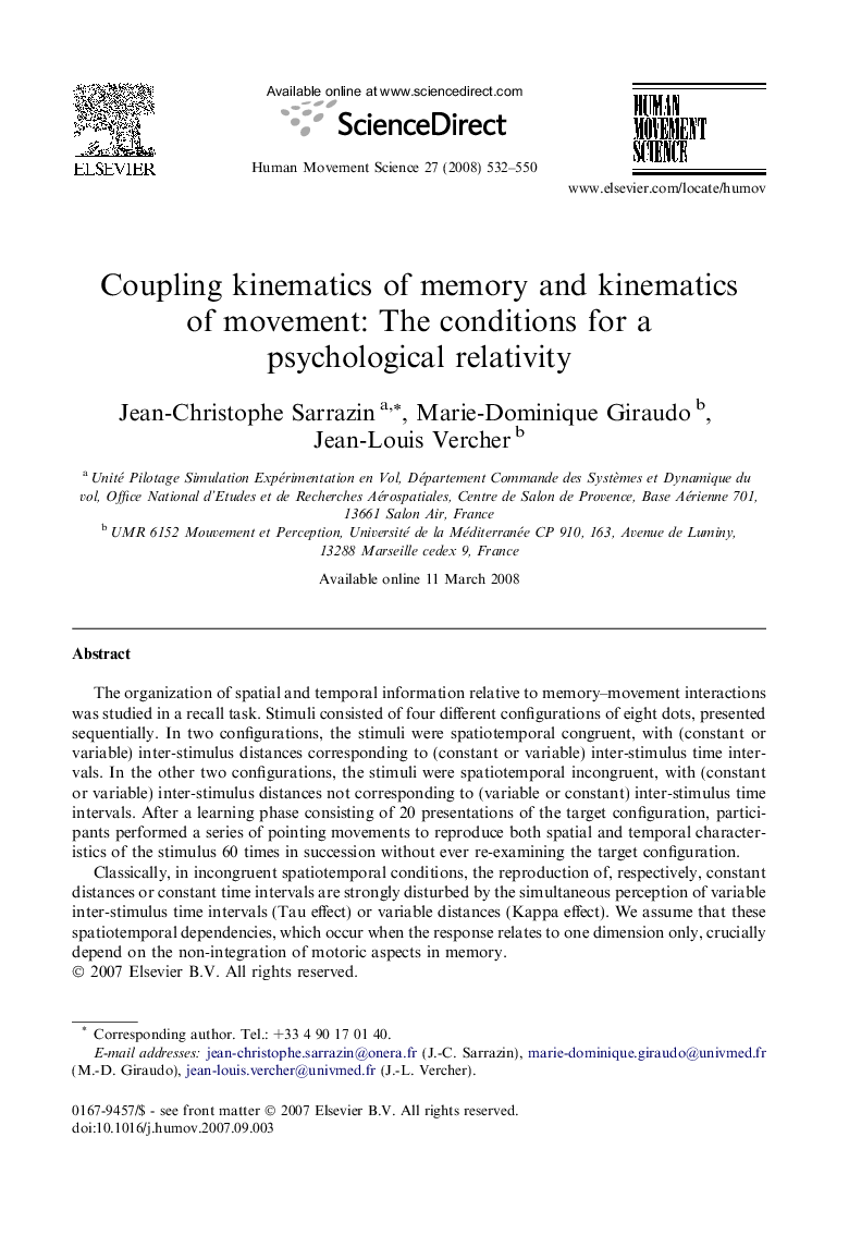 Coupling kinematics of memory and kinematics of movement: The conditions for a psychological relativity