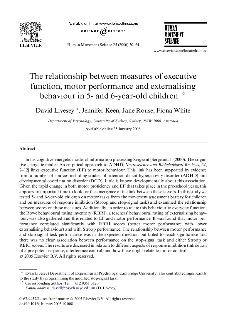 The relationship between measures of executive function, motor performance and externalising behaviour in 5- and 6-year-old children 