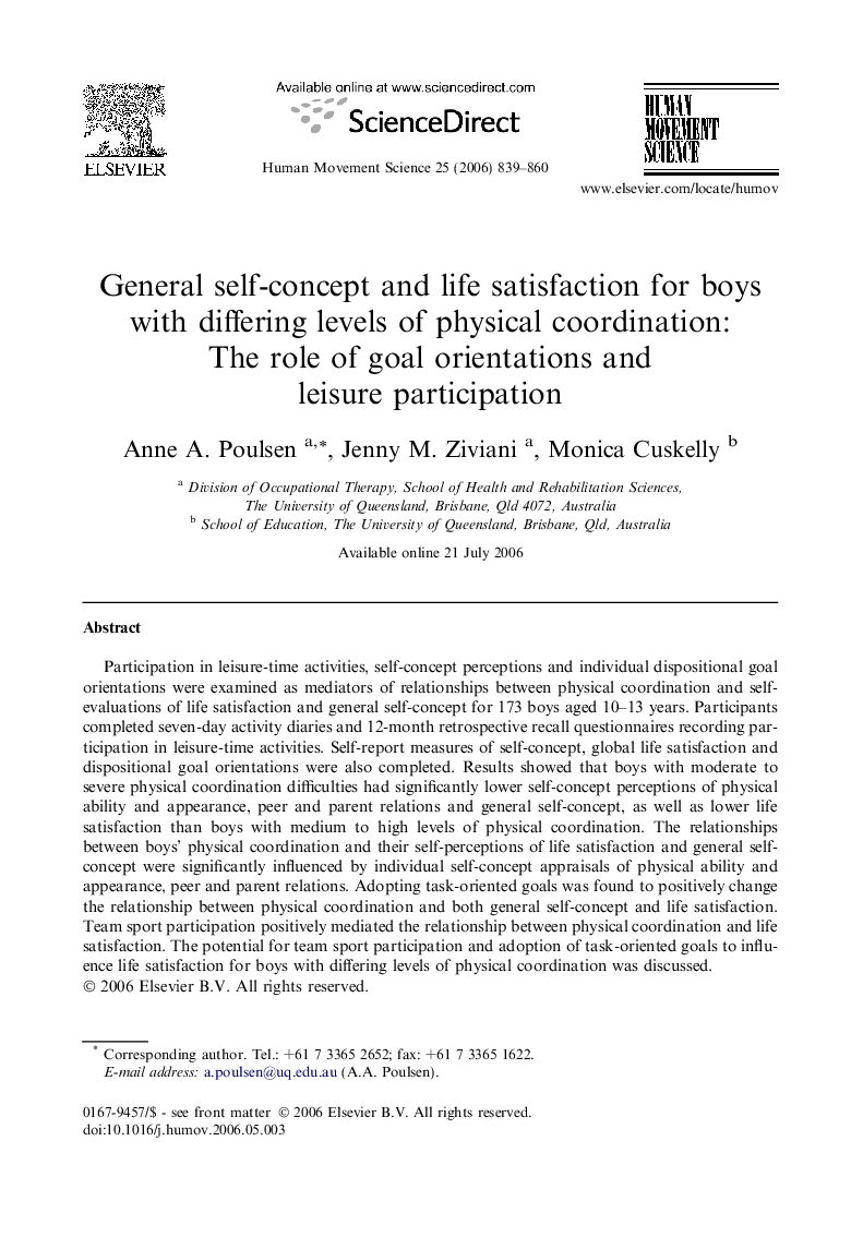 General self-concept and life satisfaction for boys with differing levels of physical coordination: The role of goal orientations and leisure participation
