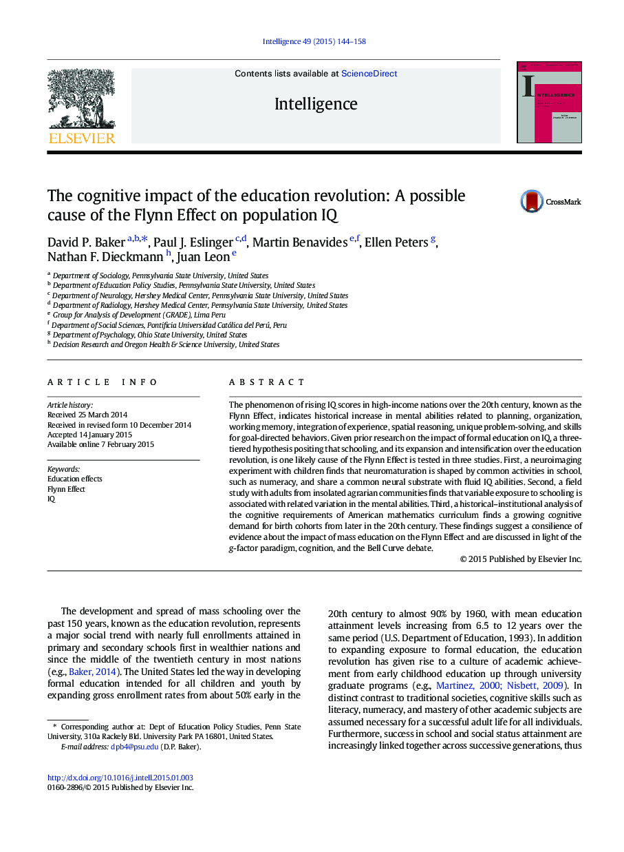 The cognitive impact of the education revolution: A possible cause of the Flynn Effect on population IQ