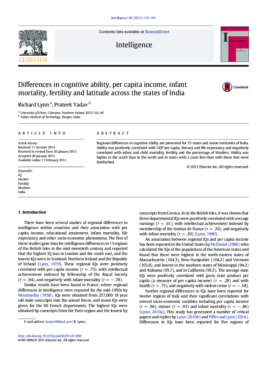 Differences in cognitive ability, per capita income, infant mortality, fertility and latitude across the states of India