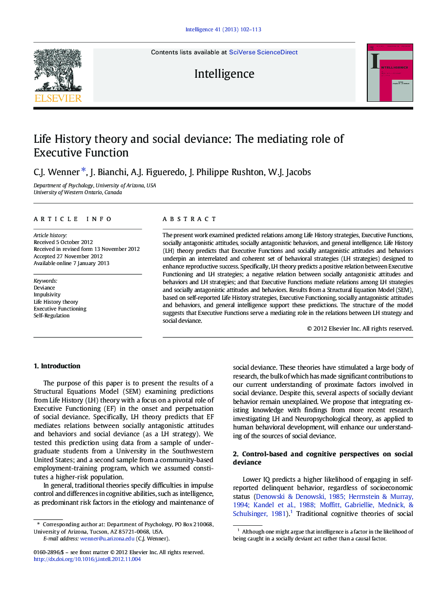 Life History theory and social deviance: The mediating role of Executive Function