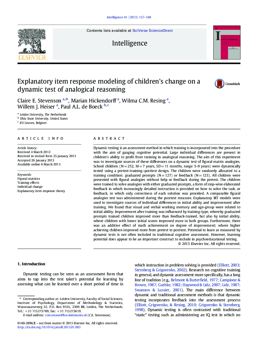 Explanatory item response modeling of children's change on a dynamic test of analogical reasoning