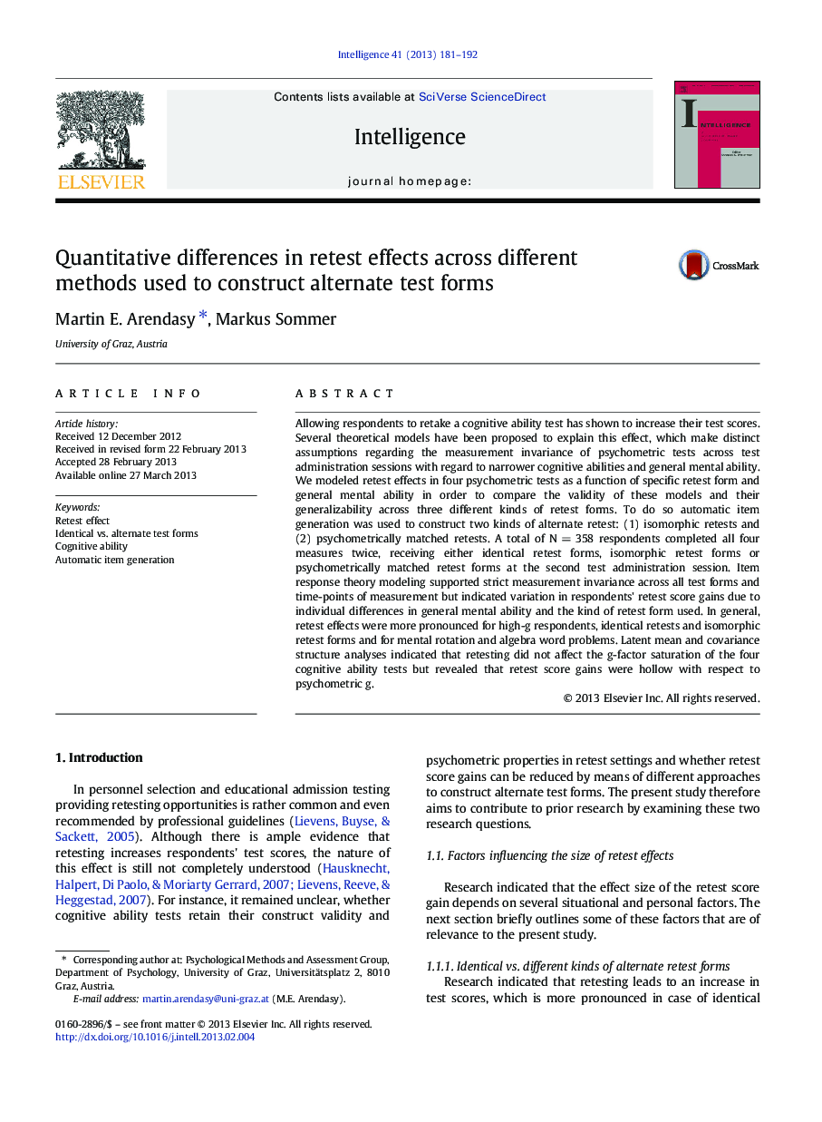 Quantitative differences in retest effects across different methods used to construct alternate test forms