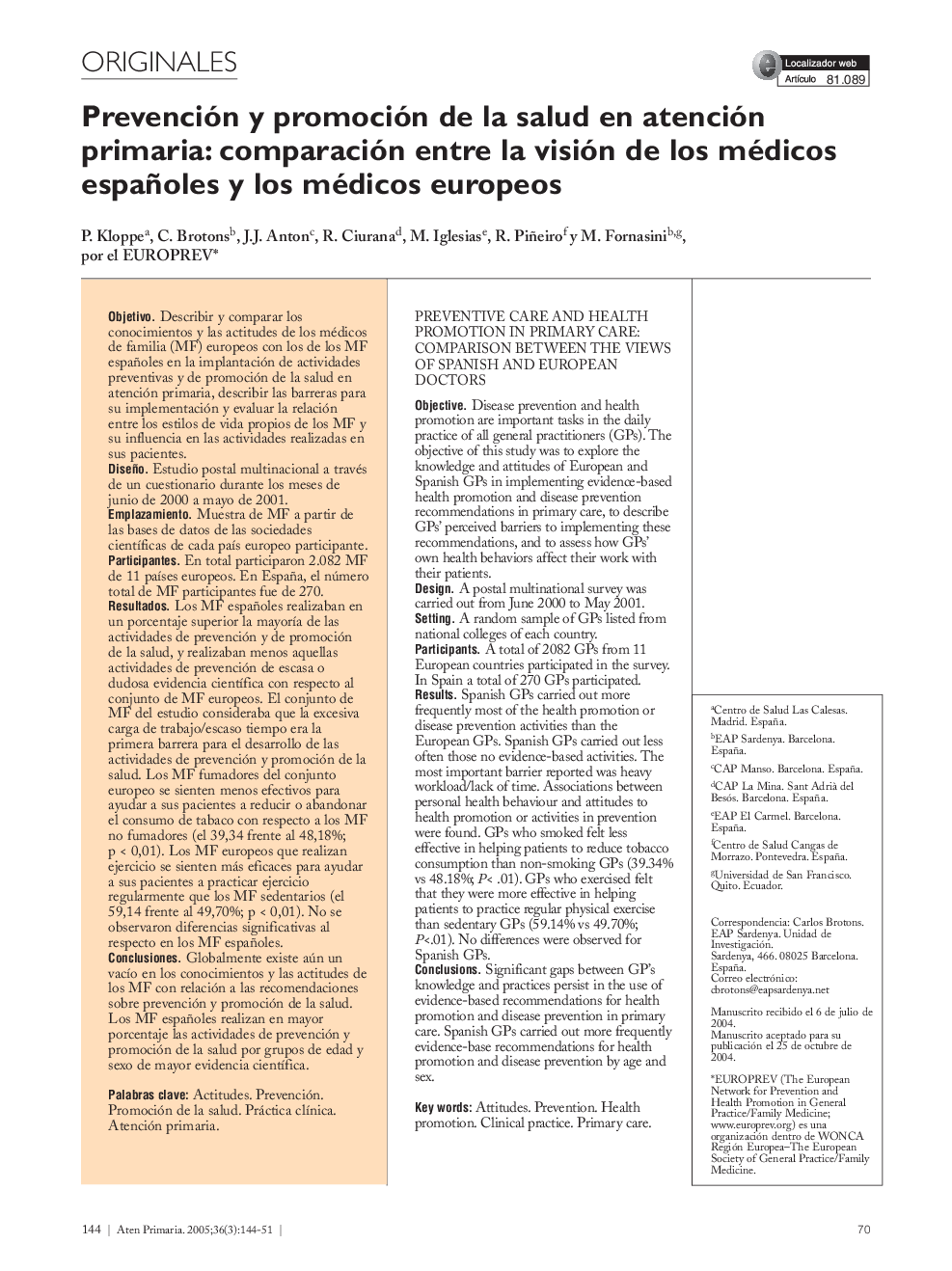 Prevención y promoción de la salud en atención primaria: comparación entre la visión de los médicos españoles y los médicos europeos