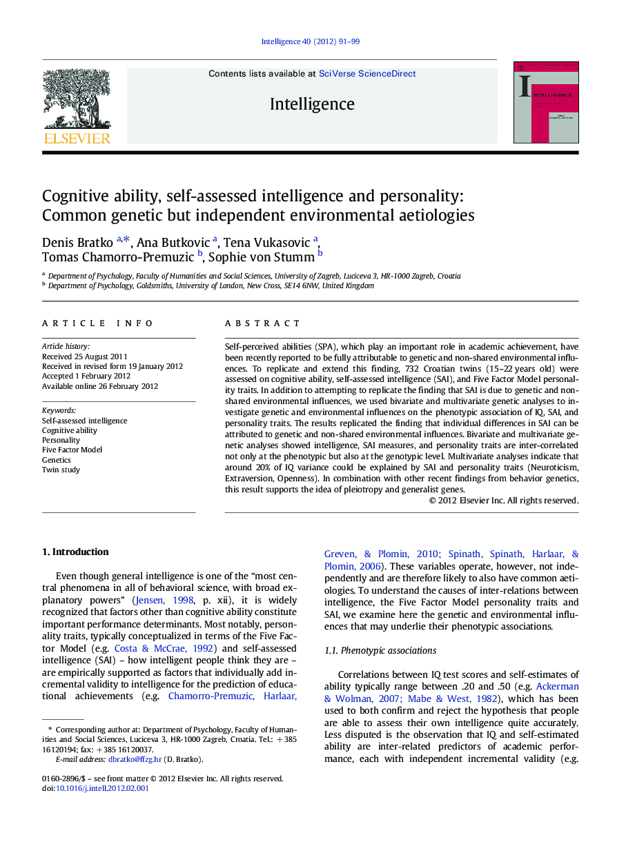 Cognitive ability, self-assessed intelligence and personality: Common genetic but independent environmental aetiologies