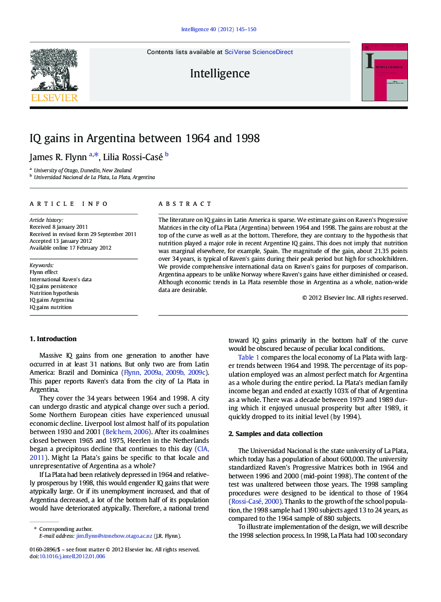 IQ gains in Argentina between 1964 and 1998