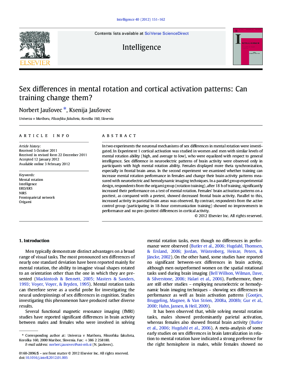 Sex differences in mental rotation and cortical activation patterns: Can training change them?