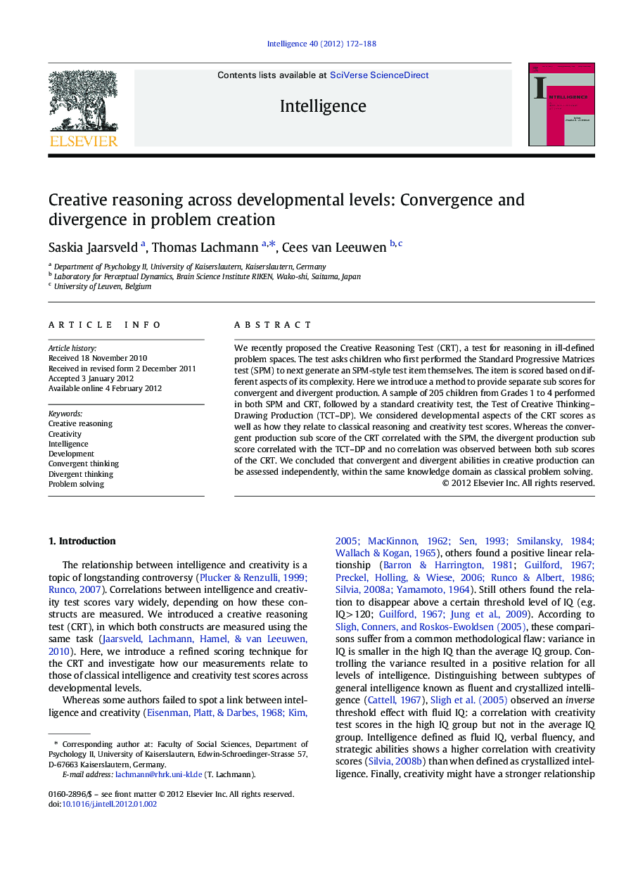 عکس صفحه اول مقاله: Creative reasoning across developmental levels: Convergence and divergence in problem creation Creative reasoning across developmental levels: Convergence and divergence in problem creation