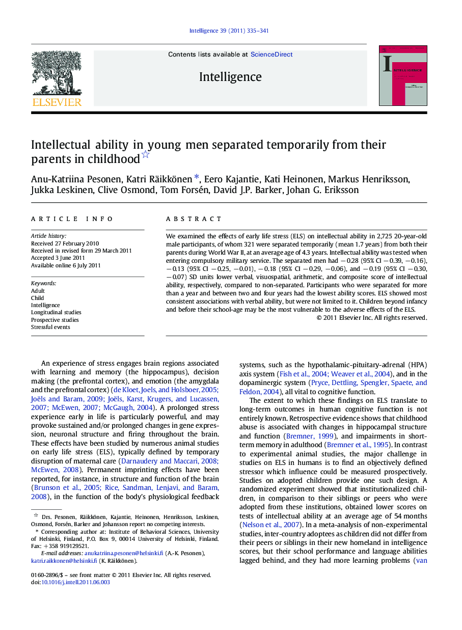 Intellectual ability in young men separated temporarily from their parents in childhood 