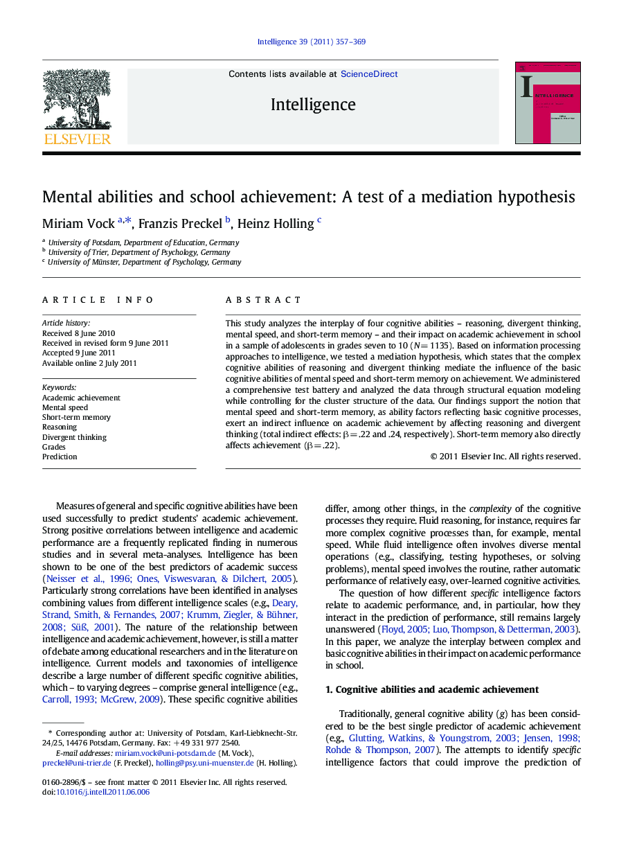Mental abilities and school achievement: A test of a mediation hypothesis