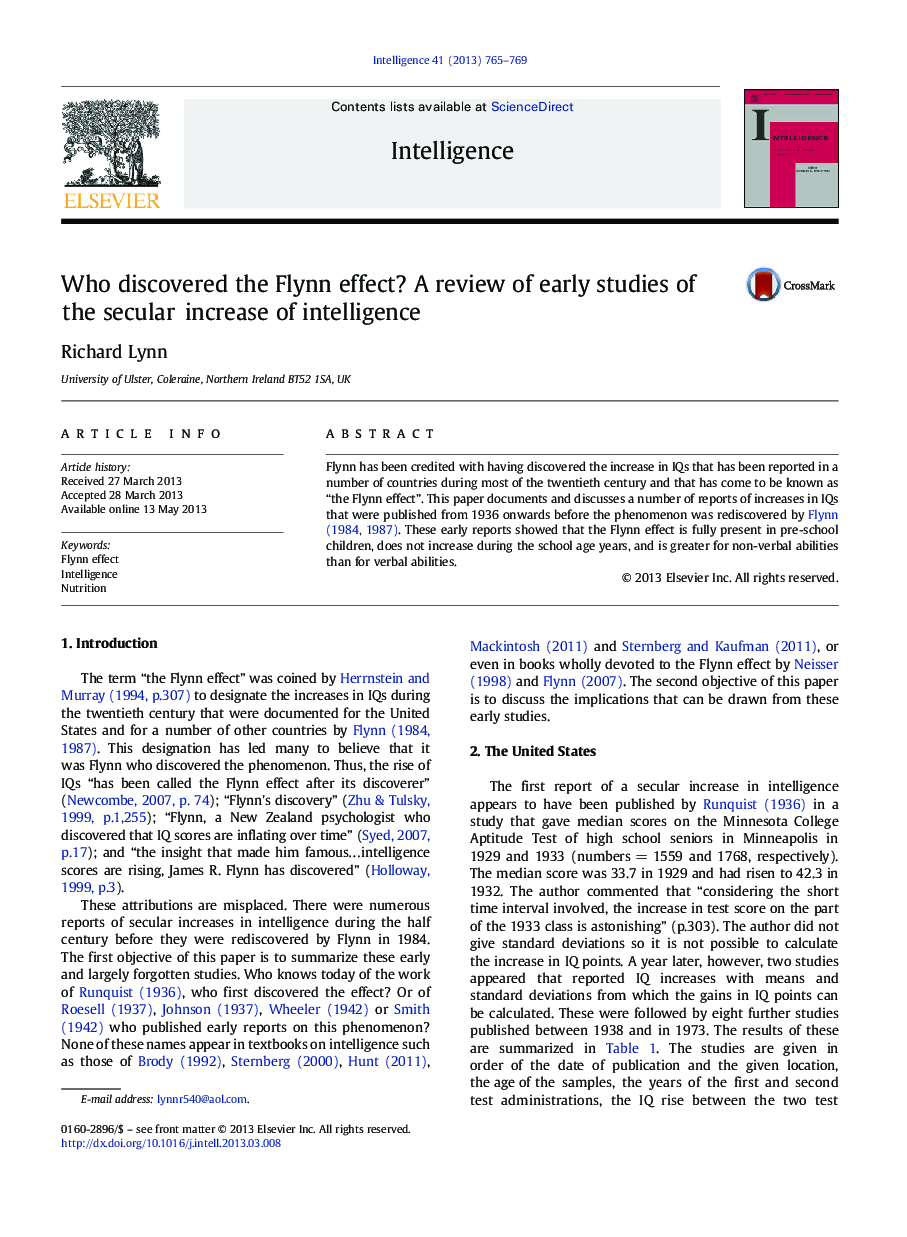 Who discovered the Flynn effect? A review of early studies of the secular increase of intelligence