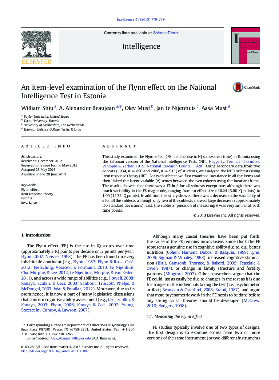 An item-level examination of the Flynn effect on the National Intelligence Test in Estonia