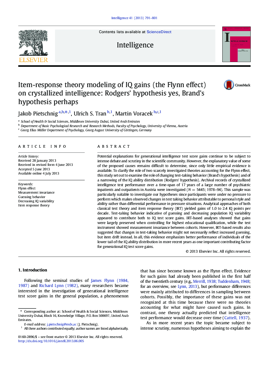 Item-response theory modeling of IQ gains (the Flynn effect) on crystallized intelligence: Rodgers' hypothesis yes, Brand's hypothesis perhaps