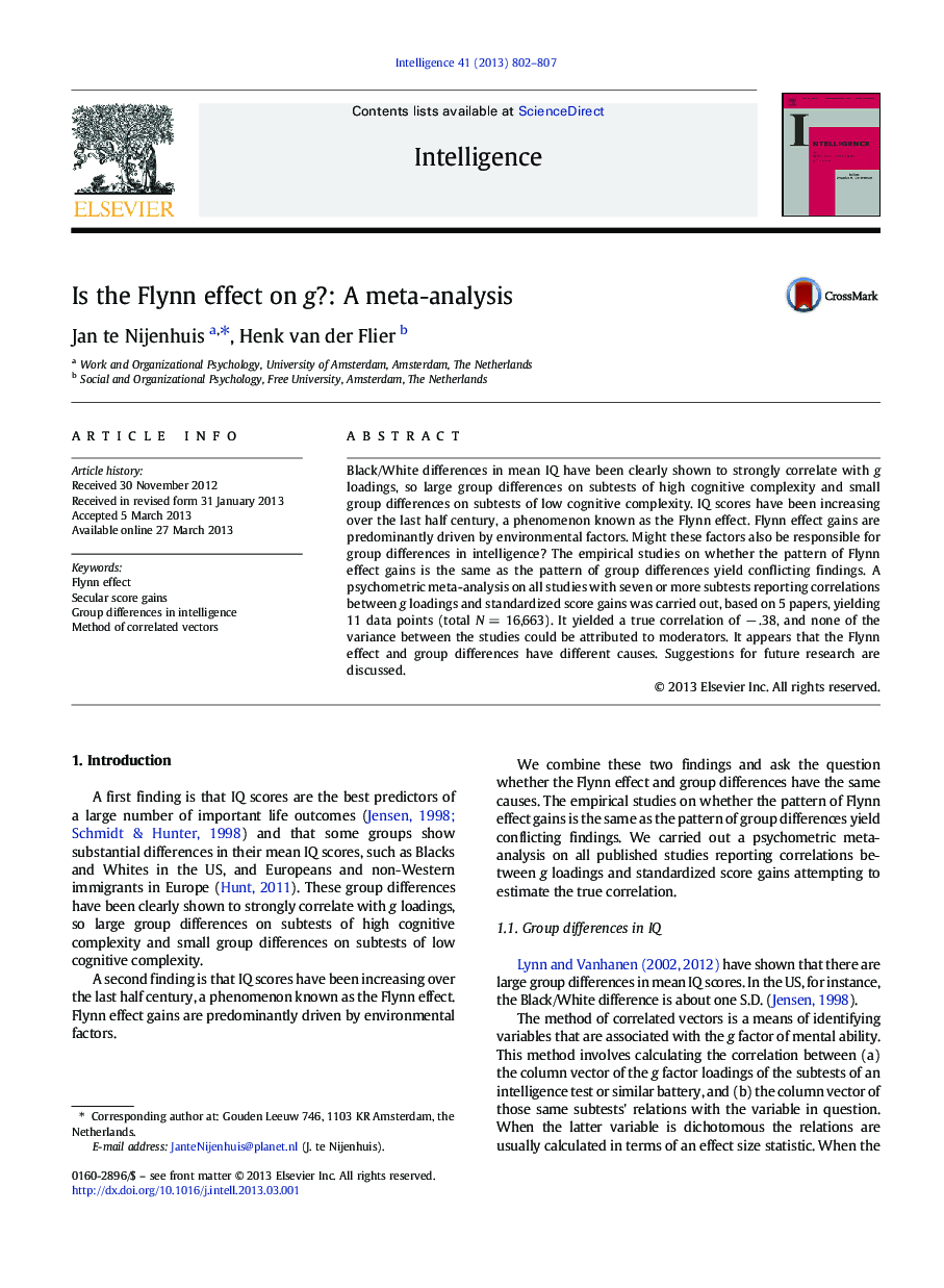 Is the Flynn effect on g?: A meta-analysis