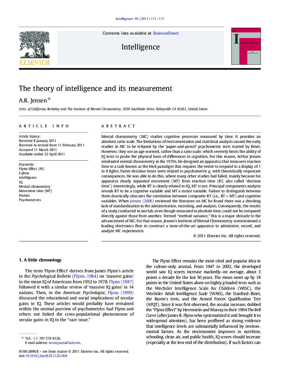 The theory of intelligence and its measurement