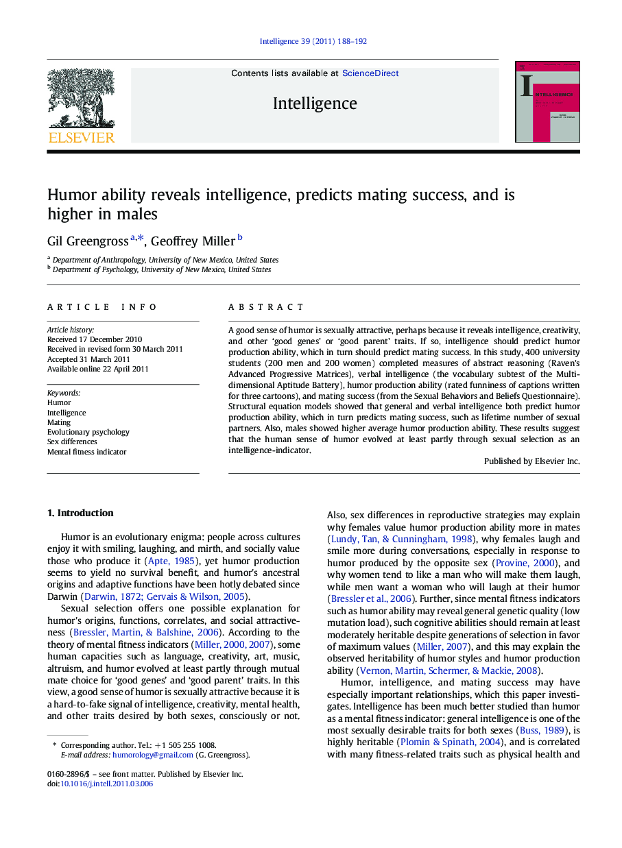 Humor ability reveals intelligence, predicts mating success, and is higher in males