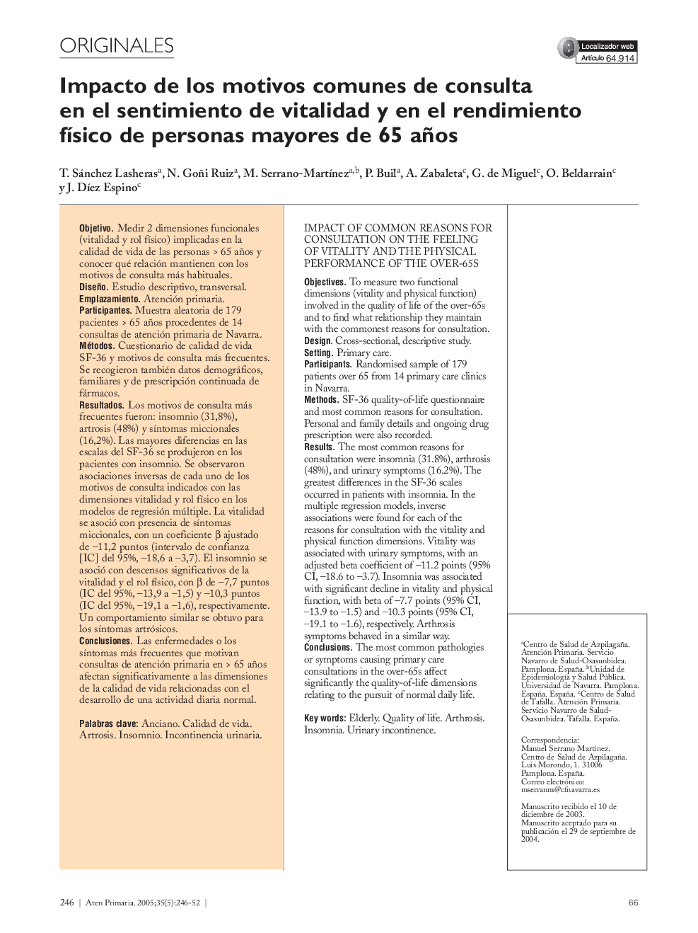 Impacto de los motivos comunes de consulta en el sentimiento de vitalidad y en el rendimiento fÃ­sico de personas mayores de 65 años