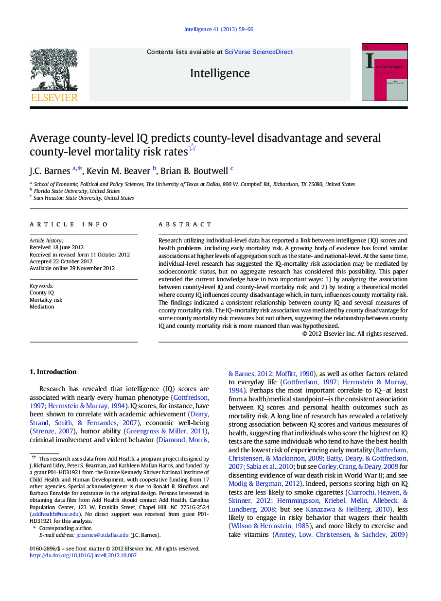 Average county-level IQ predicts county-level disadvantage and several county-level mortality risk rates 